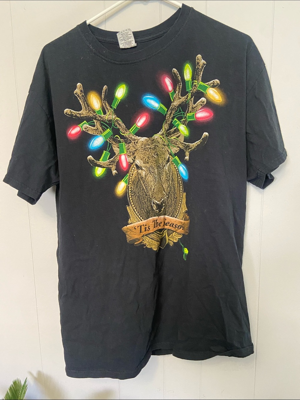 Black Holiday Deer Graphic Tee with Colorful Lights